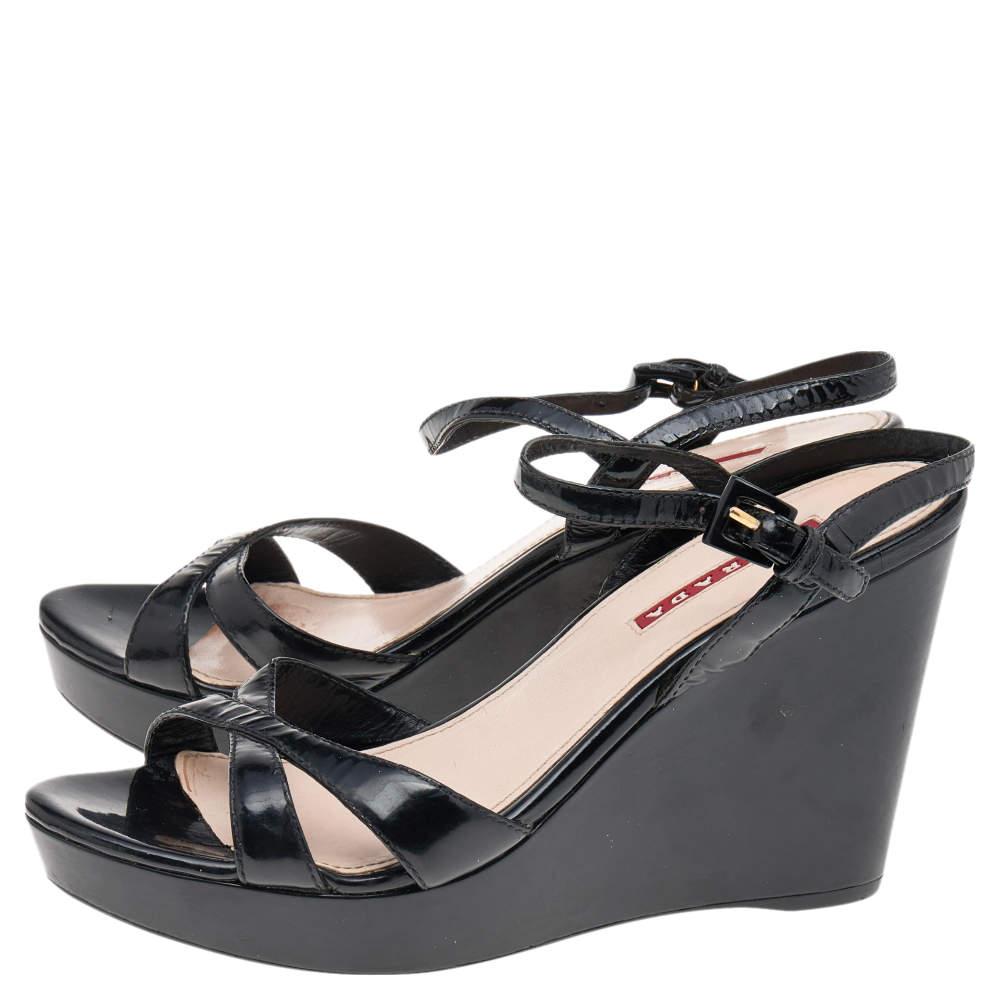 Women's Prada Sport Black Patent Leather Wedge Platform Ankle Strap Sandals Size 38