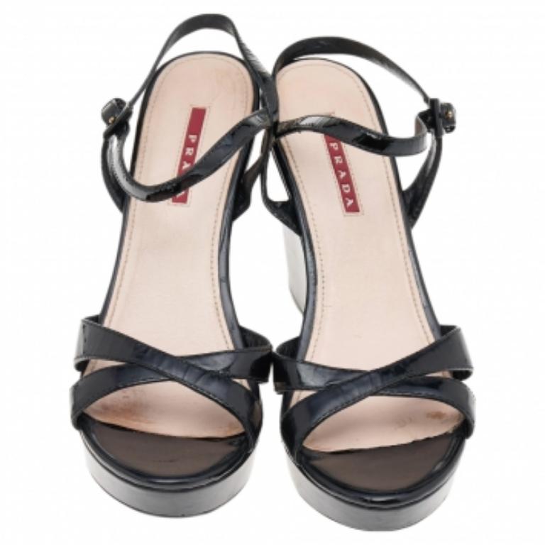 Women's Prada Sport Black Patent Leather Wedge Platform Ankle Strap Sandals Size 38