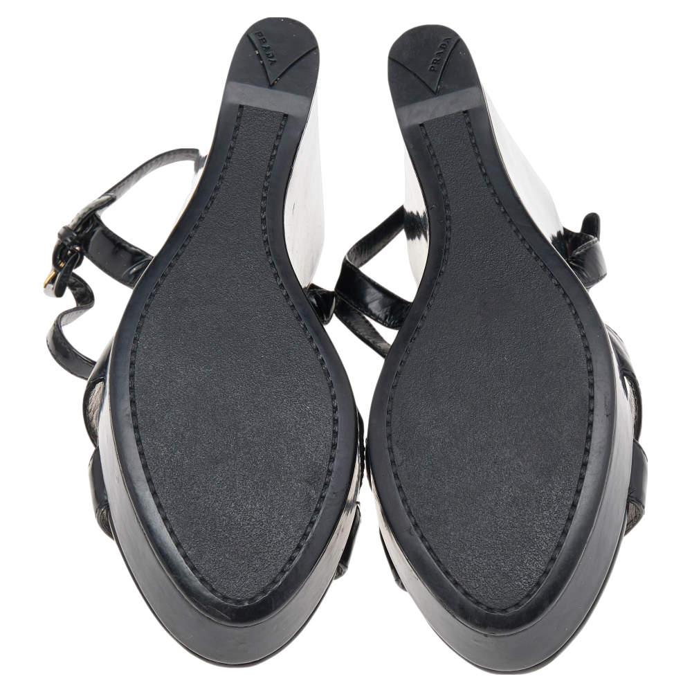 Prada Sport Black Patent Leather Wedge Platform Ankle Strap Sandals Size 38 2