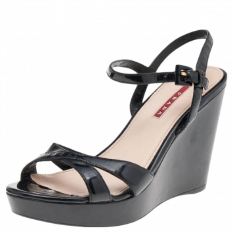 Prada Sport Black Patent Leather Wedge Platform Ankle Strap Sandals Size 38 2