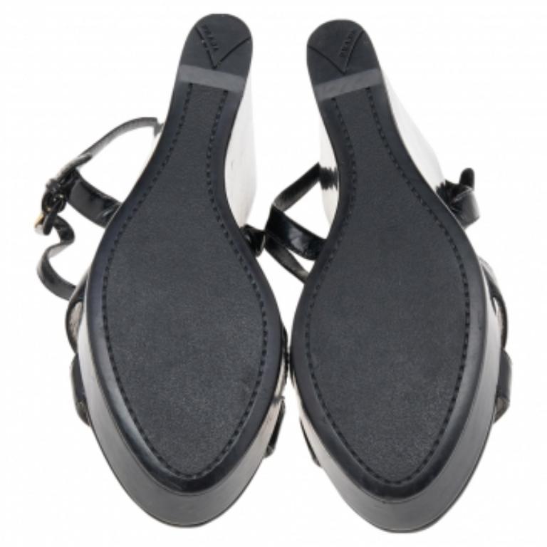 Prada Sport Black Patent Leather Wedge Platform Ankle Strap Sandals Size 38 3