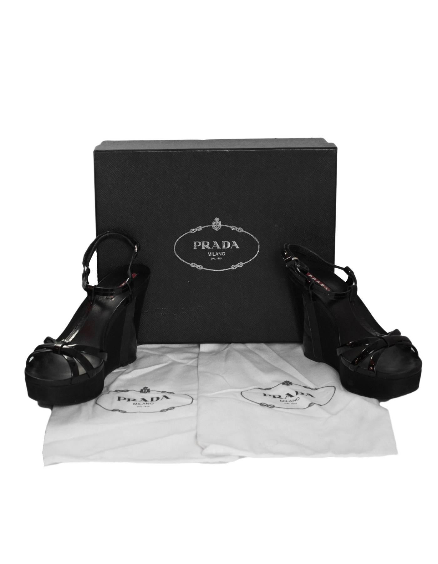 Women's Prada Sport Black Patent T-Strap Wedge Sandals Sz 38.5 