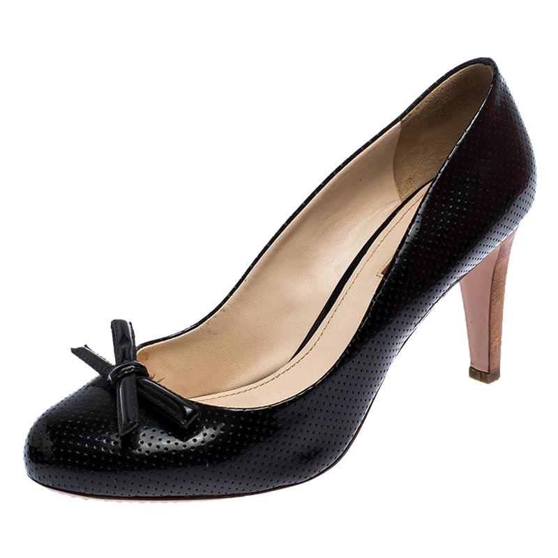 Prada Sport Black Perforated Leather Bow Wooden Heel Pumps Size 38 For Sale