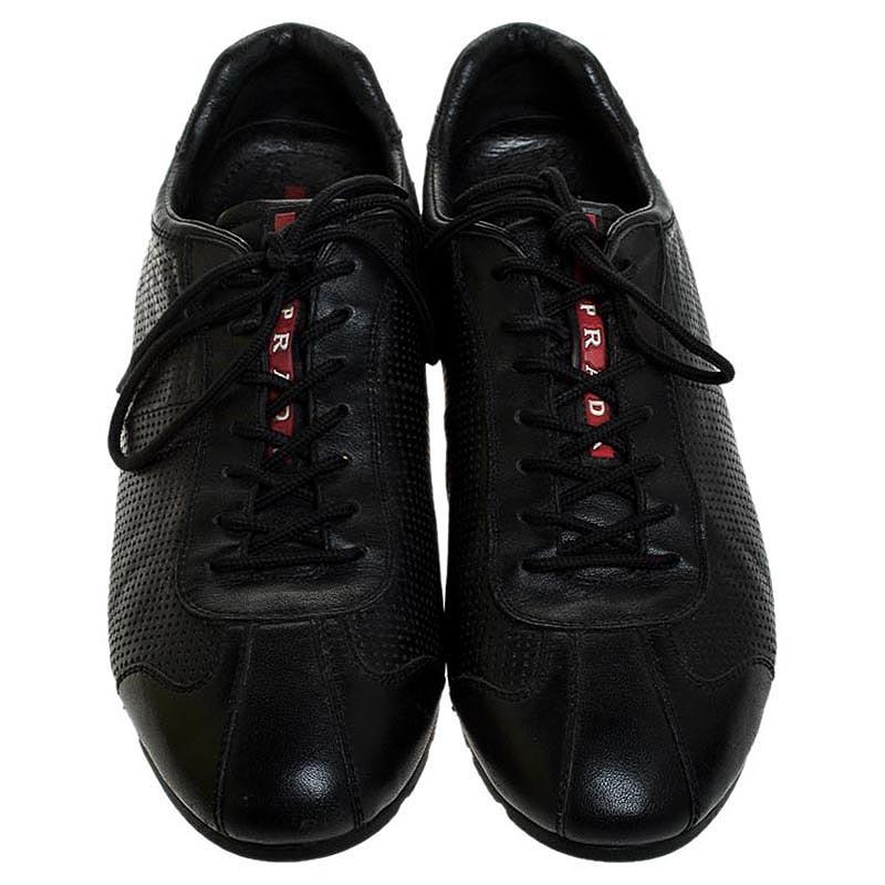 Prada Sport Black Perforated Leather Lace Up Low Top Sneakers Size 41.5 In Fair Condition For Sale In Dubai, Al Qouz 2