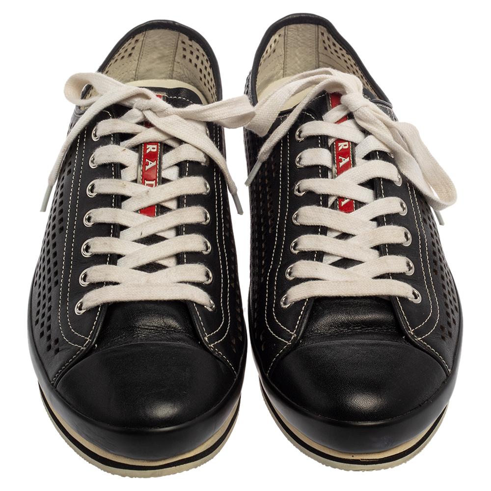 Prada Sport Black Perforated Leather Lace Up Sneakers Size 45 In Good Condition In Dubai, Al Qouz 2