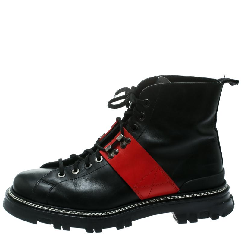 Prada Sport Black/Red Leather High Top Combat Boots Size 44 For 