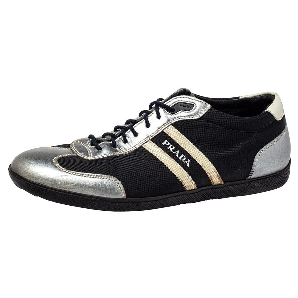 Prada Sport Black/Silver Nylon And Leather Low Top Sneakers Size 42