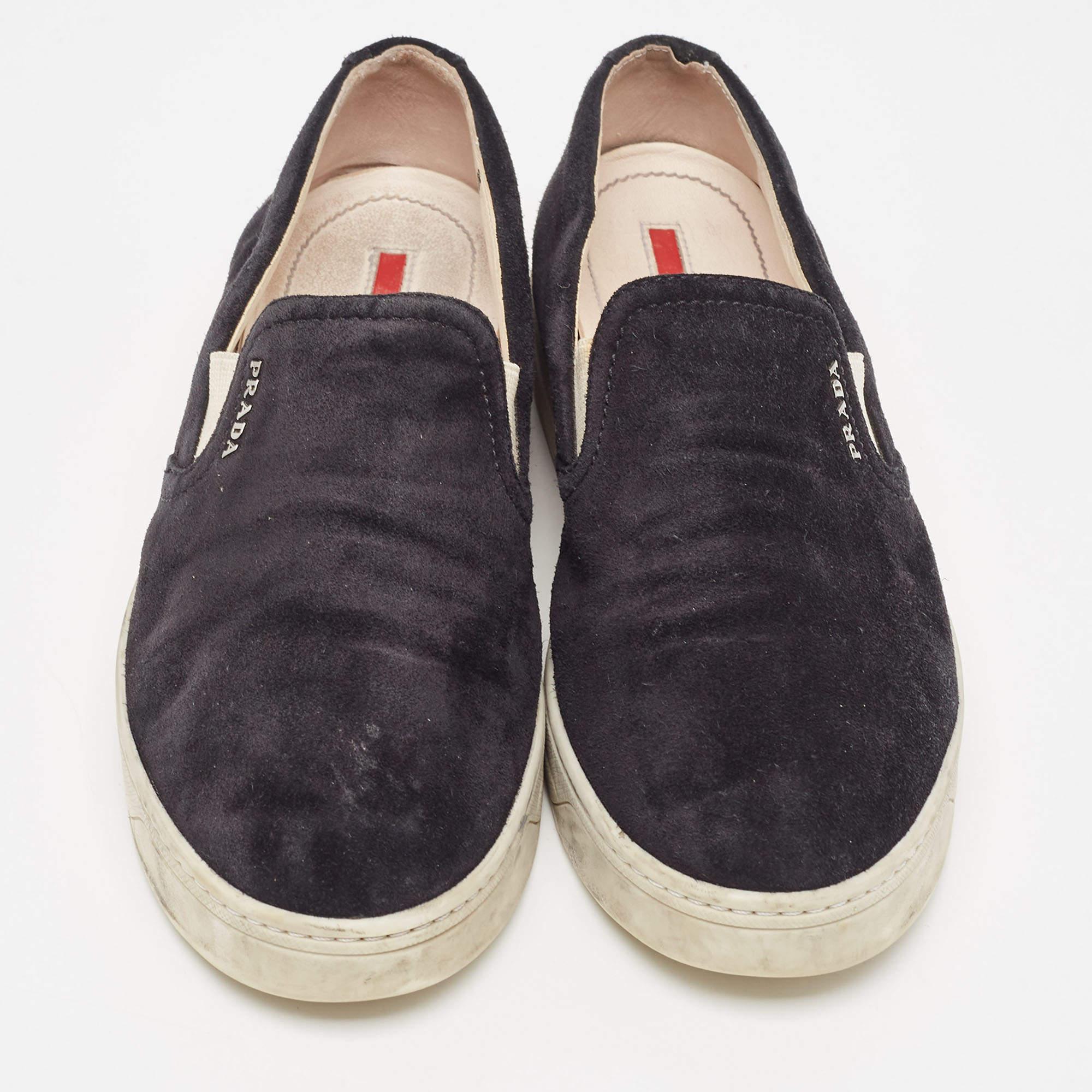 Prada Sport Black Suede Slip On Sneakers Size 38.5 In Fair Condition For Sale In Dubai, Al Qouz 2