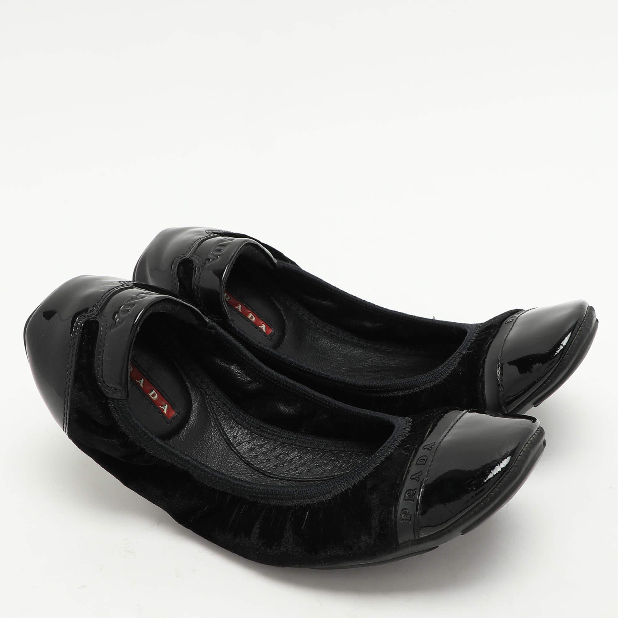 Women's Prada Sport Black Velvet and Patent Leather Cap Toe Ballet Flats Size 36