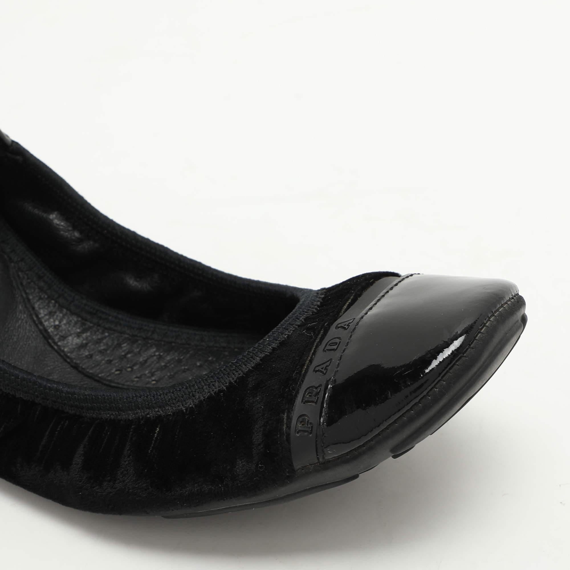 Prada Sport Black Velvet and Patent Leather Cap Toe Ballet Flats Size 36 3