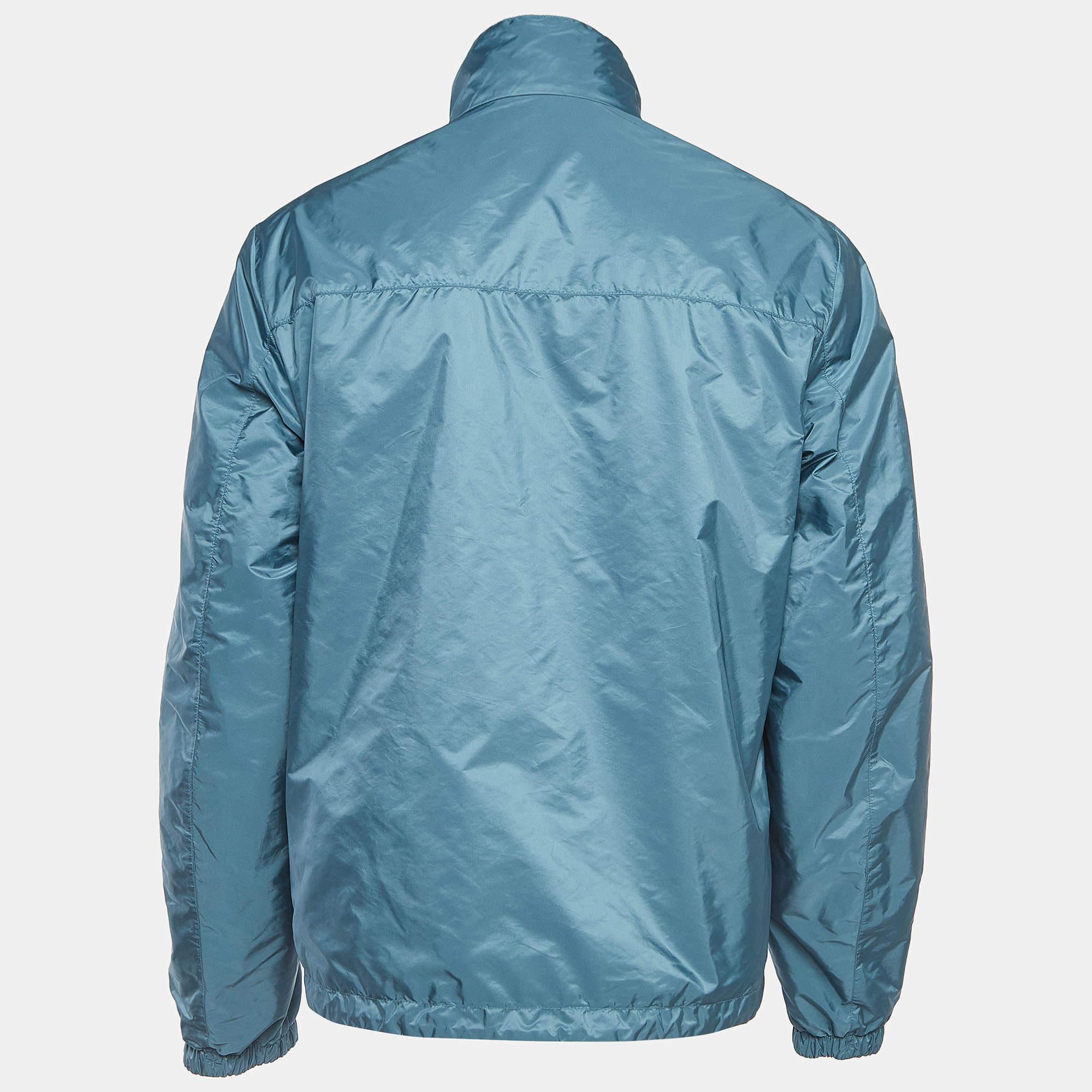 Men's Prada Sport Blue Applique Detail Synthetic Reversible Zipper Jacket XL For Sale