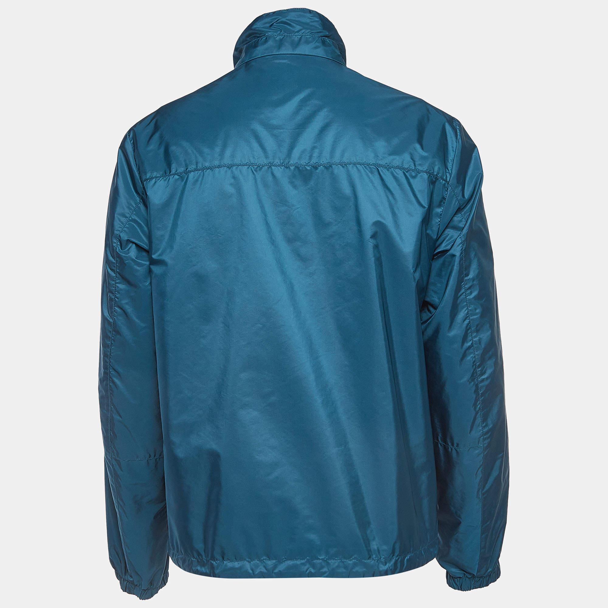 Prada Sport Blue Applique Detail Synthetic Reversible Zipper Jacket XL For Sale 2