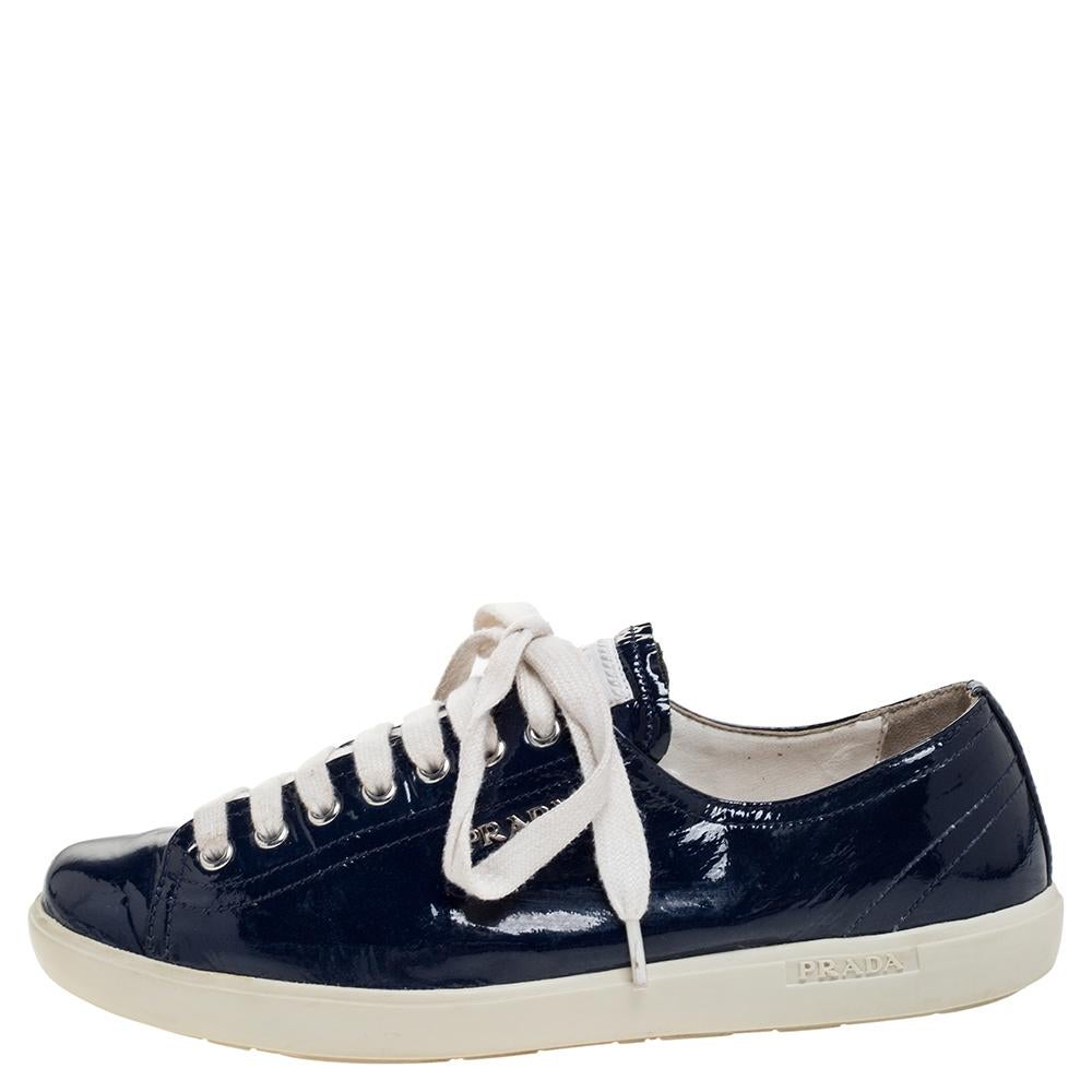 Make these stylish patent leather sneakers yours this season. The well-made sneakers from Prada Sport will lift up your style in an effortless way. They come in blue, featuring lace-up vamps and durable rubber soles.

