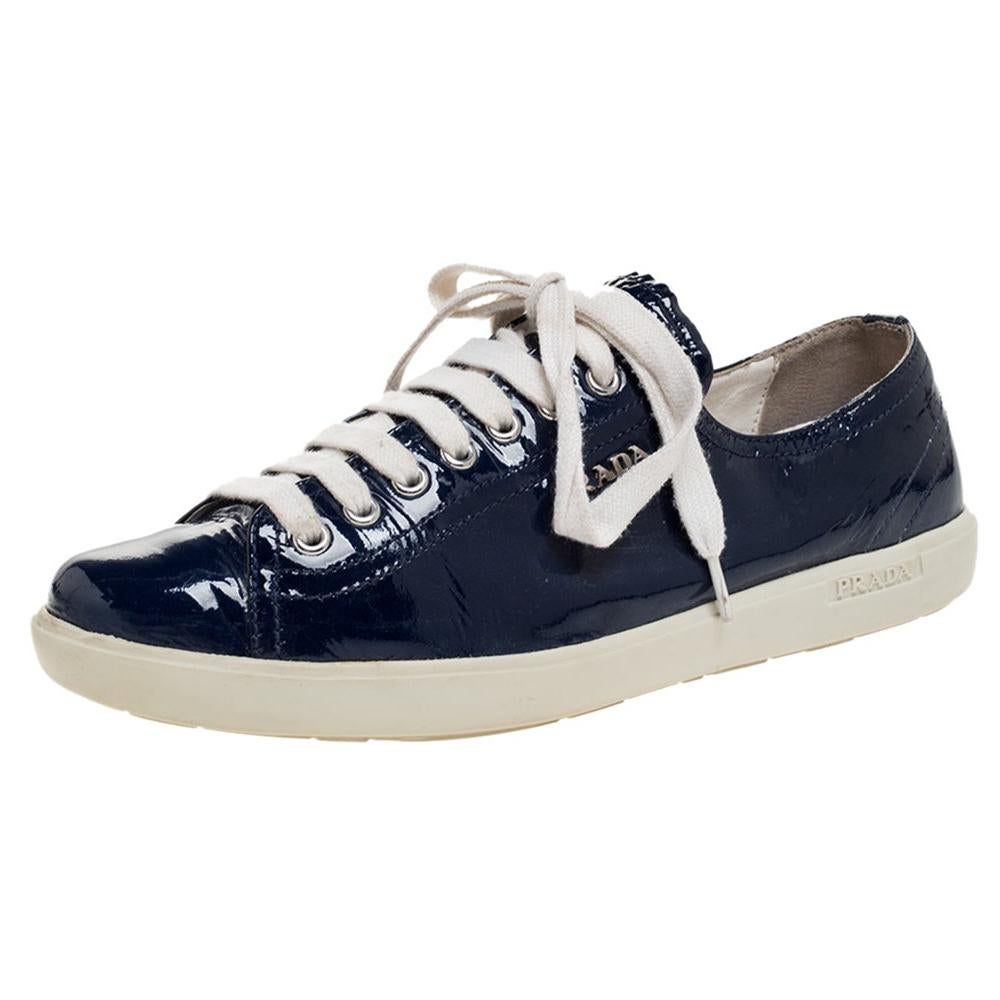 Prada Sport Blue Patent Lace Up Sneakers Size 38.5 For Sale
