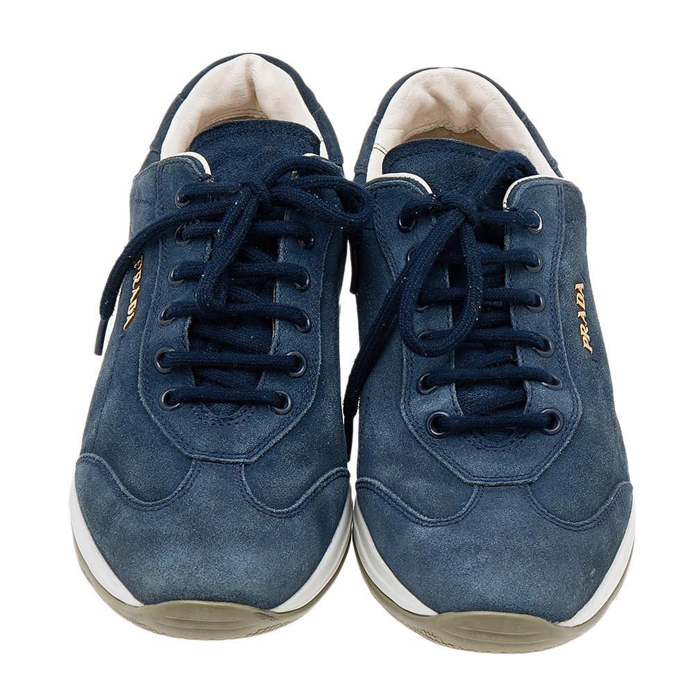 Black Prada Sport Blue Suede Low Top Sneakers Size 36 For Sale