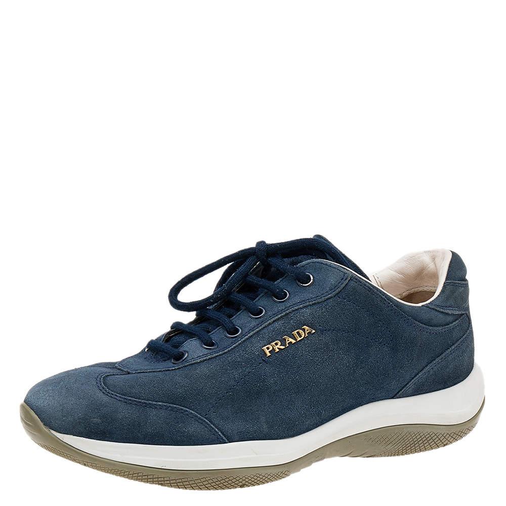 Prada Sport Blue Suede Low Top Sneakers Size 36 In Fair Condition For Sale In Dubai, Al Qouz 2