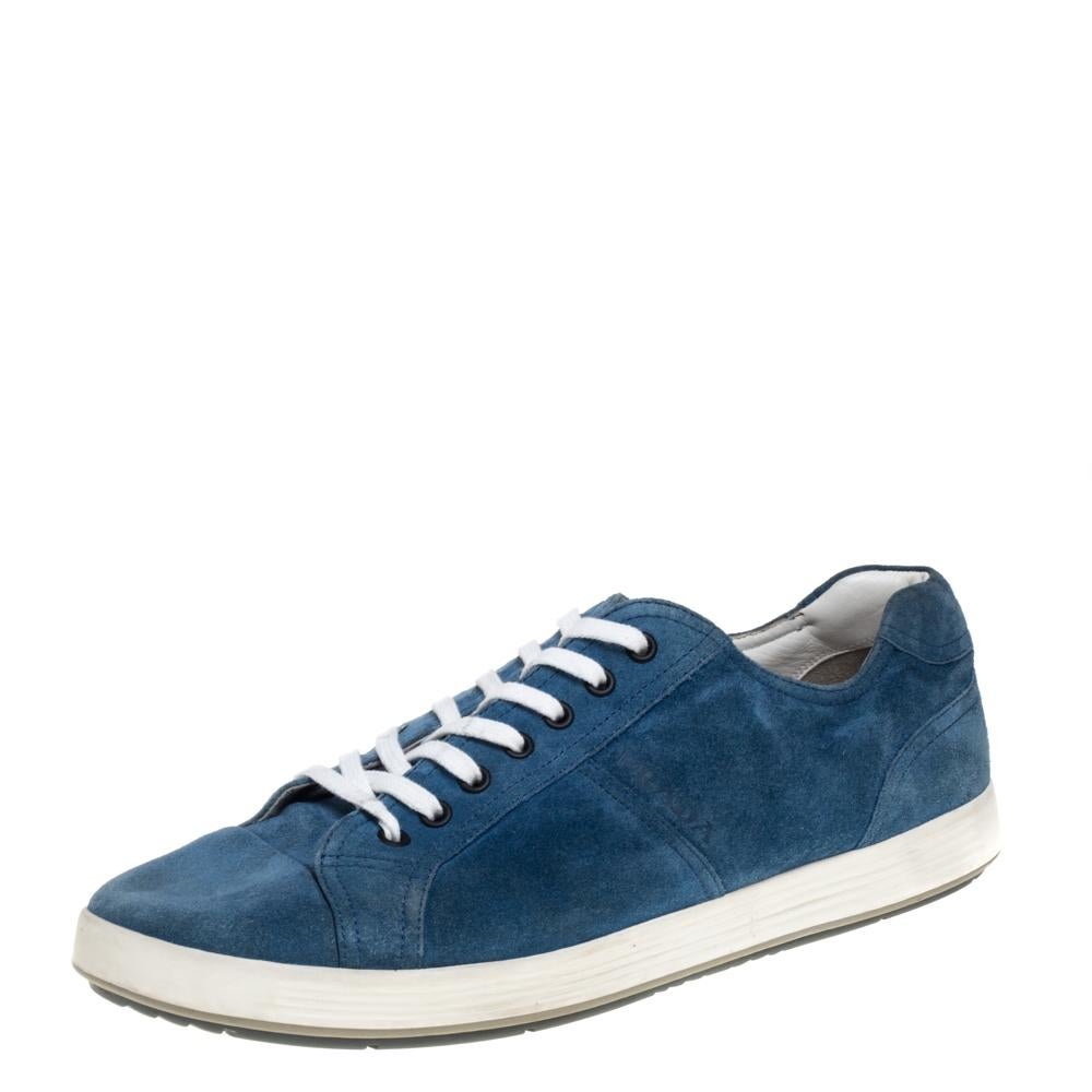 These blue sneakers from Prada Sport are just what you need to add to your style. They are crafted from suede and feature round toes, lace-ups on the vamps, and logo details on the tongues and below the counters. They offer a comfortable fit with