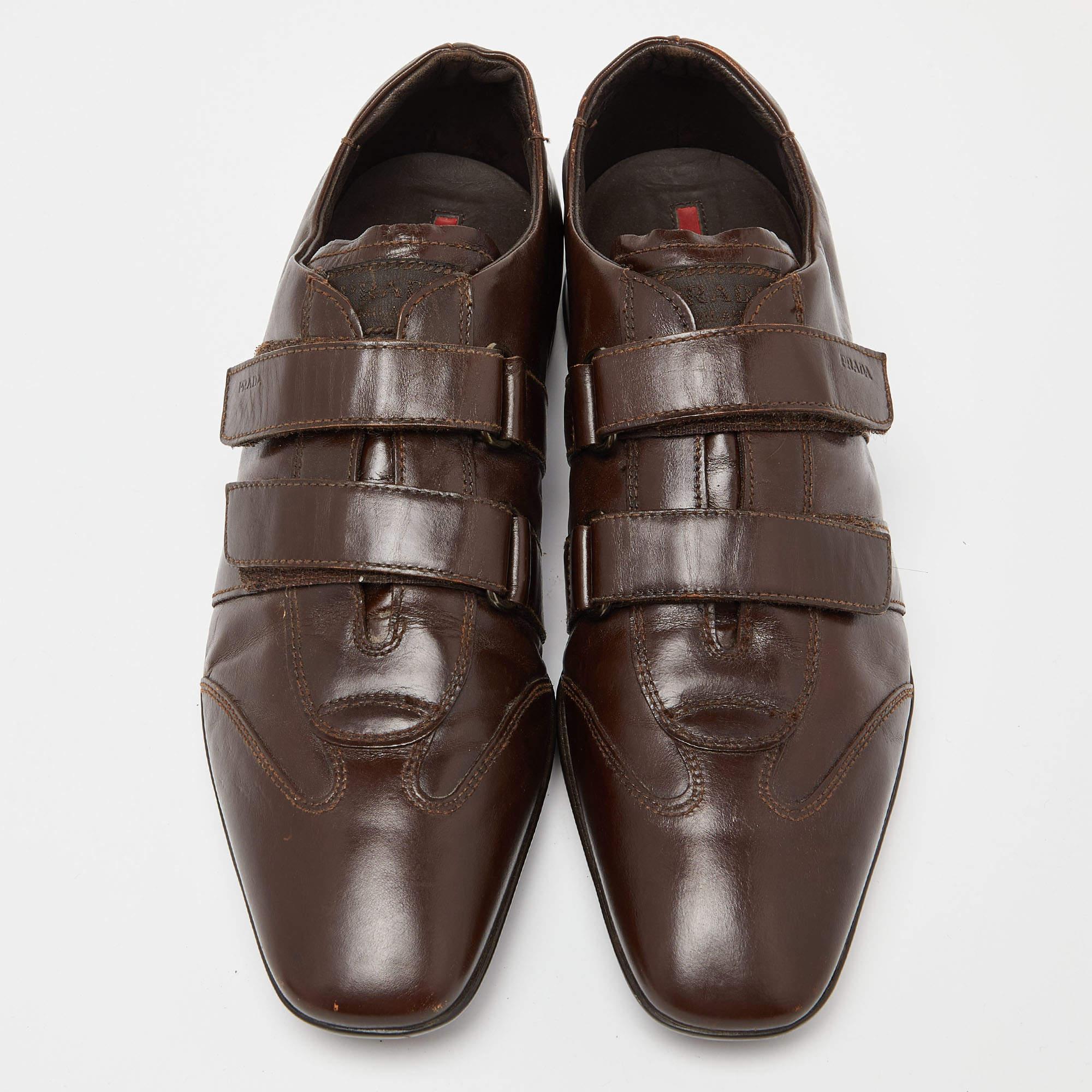 Black Prada Sport Brown Leather Double Velcro Low Top Sneakers Size 43 For Sale