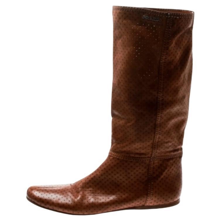 Prada Sport Brown Perforated Leder Mid Calf Flat Stiefel Größe 39 im Angebot