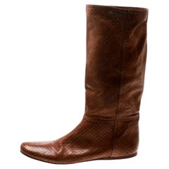 Prada Sport Brown Perforated Leather Mid Calf Flat Boots Size 39
