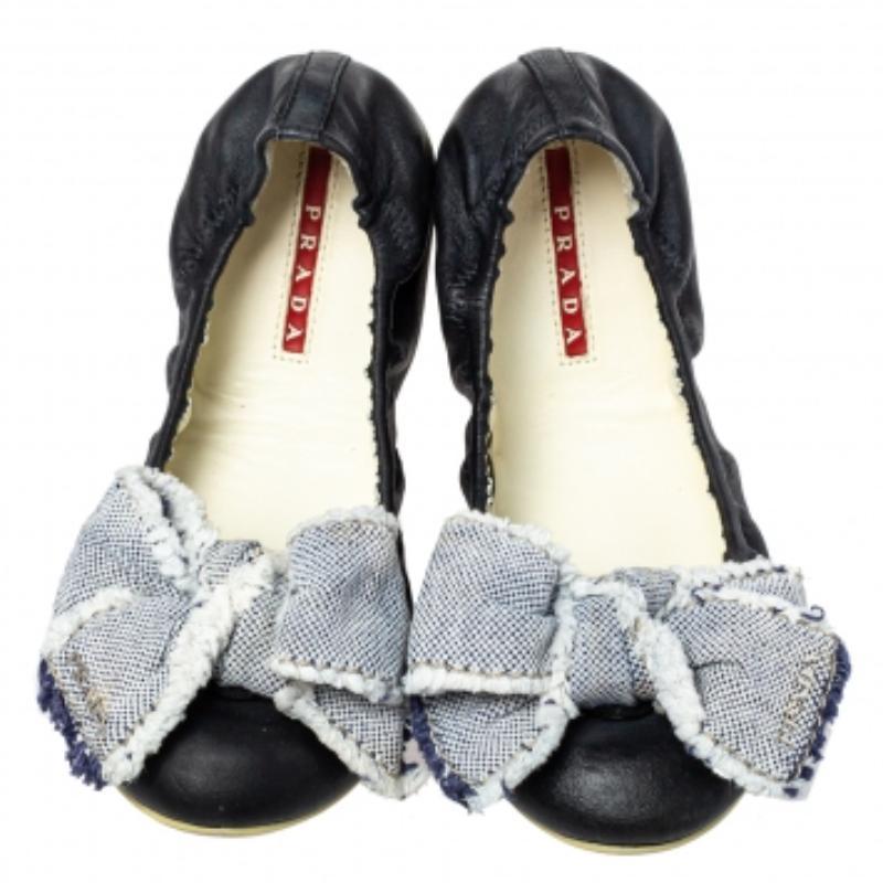Prada Sport Dark Blue Leather Bow Scrunch Ballet Flats Size 36 For Sale 1
