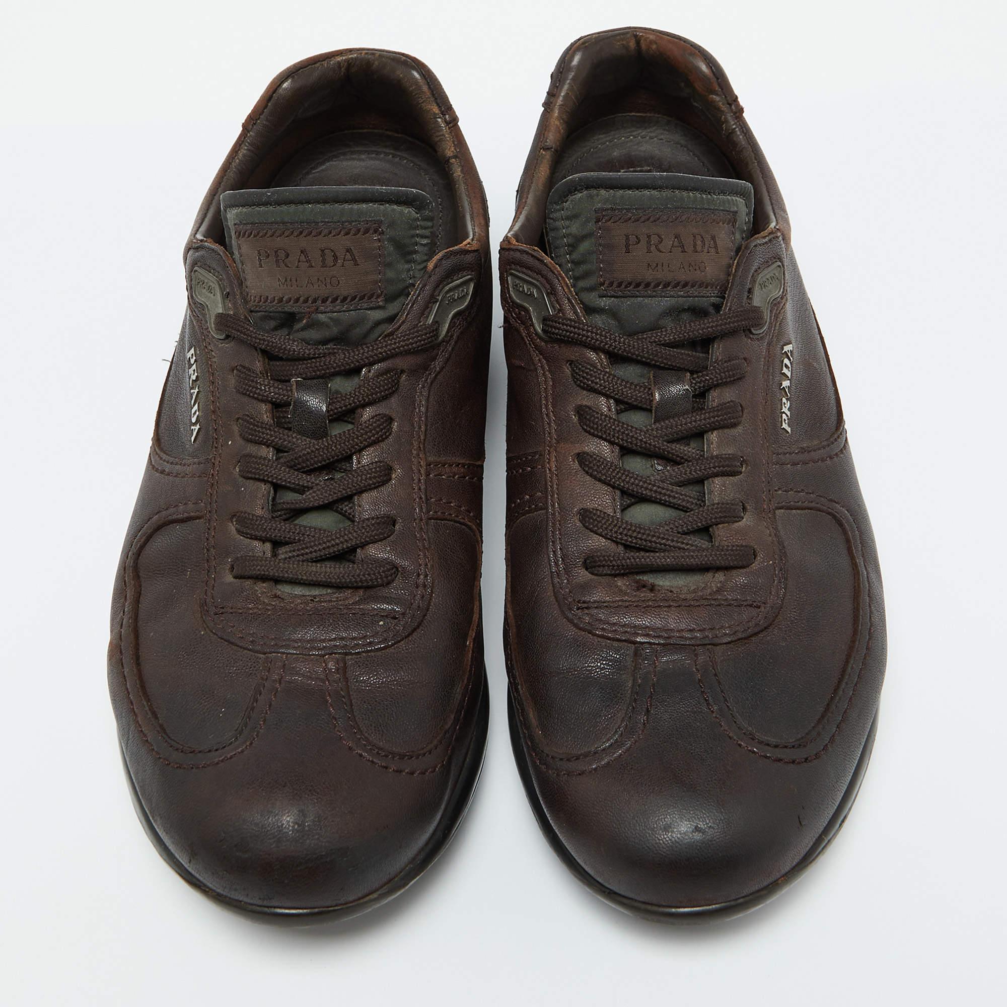 Black Prada Sport Dark Brown Leather Low Top Sneakers Size 42 For Sale