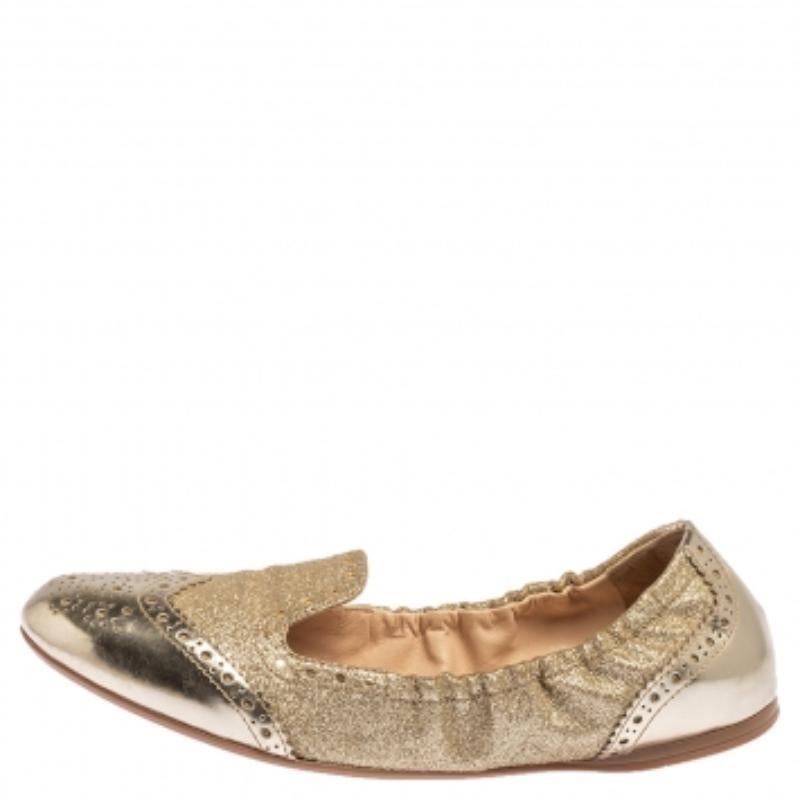 Prada Sport Gold Fabric And Patent Leather Brogue Scrunch Ballet Flats Size 37.5 For Sale 3