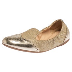 Prada Sport Gold Fabric And Patent Leather Brogue Scrunch Ballet Flats Size 37.5