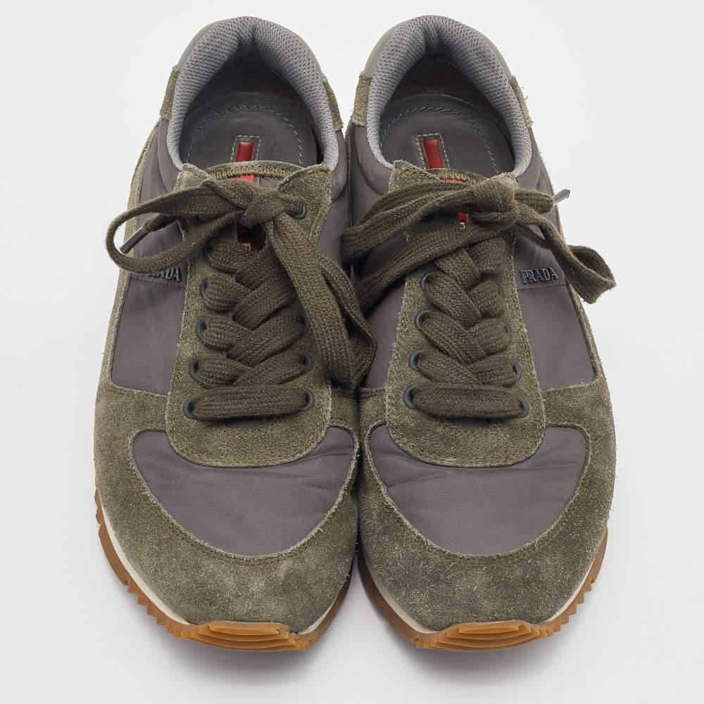Black Prada Sport Grey/Green Nylon and Suede Low Top Sneakers Size 39.5 For Sale