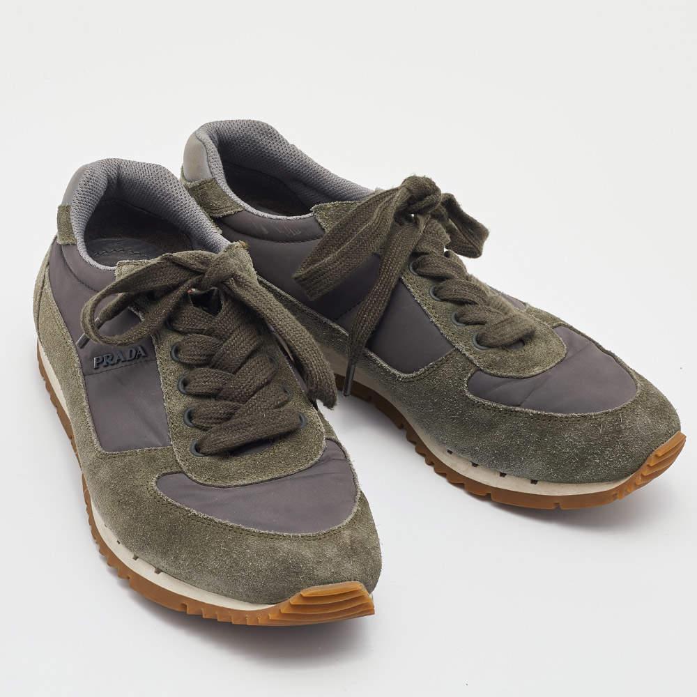 Prada Sport Grey/Green Nylon and Suede Low Top Sneakers Size 39.5 In Fair Condition For Sale In Dubai, Al Qouz 2