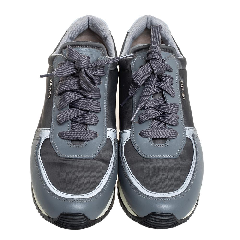 Prada Sport Grey Nylon And Leather Low Top Sneakers Size 39.5 In Good Condition In Dubai, Al Qouz 2