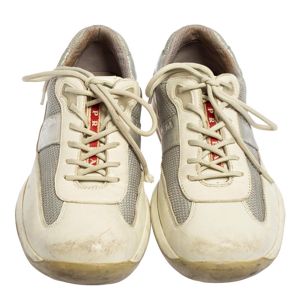 Beige Prada Sport Grey/Silver Leather And Mesh Low Top Sneakers Size 38.5