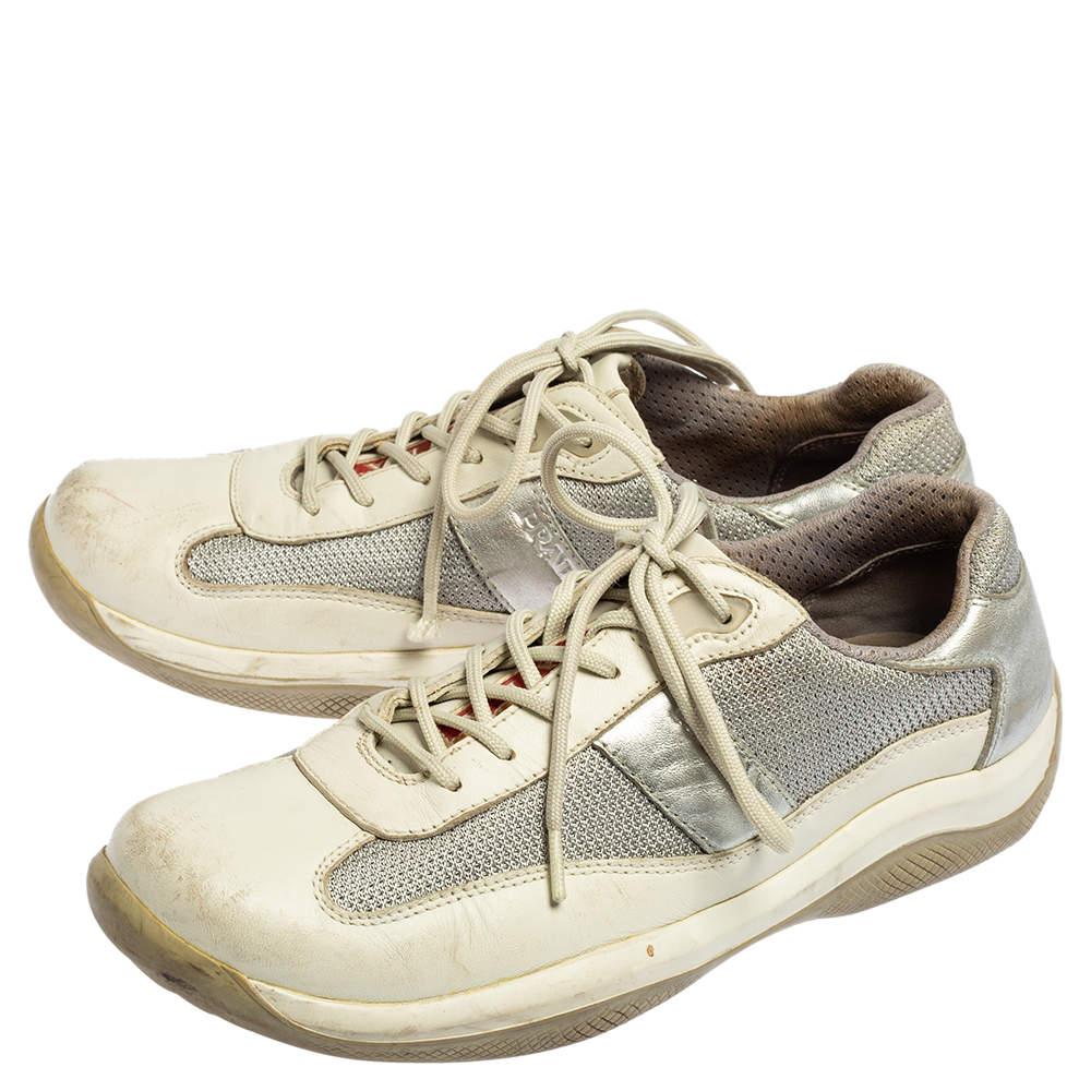 Prada Sport Grey/Silver Leather And Mesh Low Top Sneakers Size 38.5 In Fair Condition In Dubai, Al Qouz 2