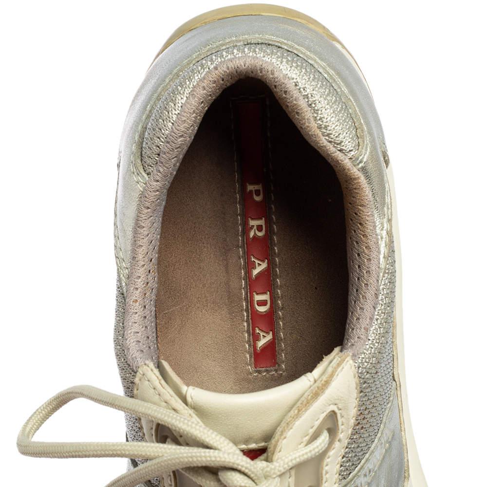 Prada Sport Grey/Silver Leather And Mesh Low Top Sneakers Size 38.5 2