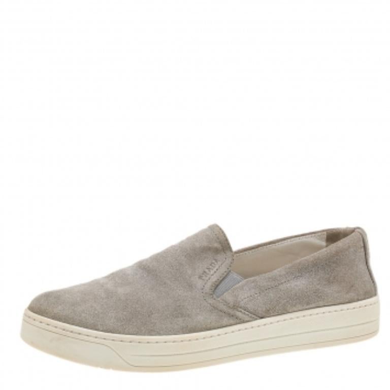 Women's Prada Sport Grey Suede Slip On Sneakers Size 37 For Sale