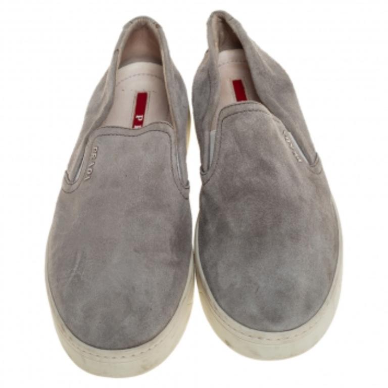 Prada Sport Grey Suede Slip On Sneakers Size 38.5 In Fair Condition For Sale In Dubai, Al Qouz 2