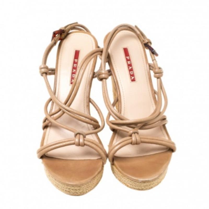 Beige Prada Sport Cuir Strappy Cork Wedge Espadrille Platform Sandals Size 37.5 en vente