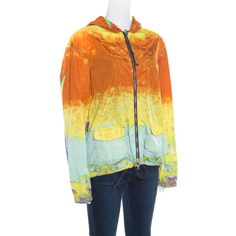 Orange Prada Sport Multicolor Acid Effect Zip Front Belted Hooded Jacket L