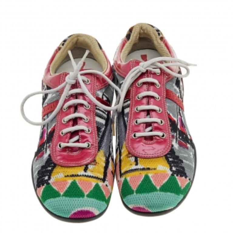 Gray Prada Sport Multicolor Fabric And Patent Leather Low Top Sneakers Size 38.5 For Sale