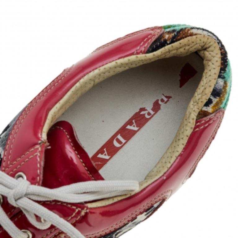 Women's Prada Sport Multicolor Fabric And Patent Leather Low Top Sneakers Size 38.5 For Sale