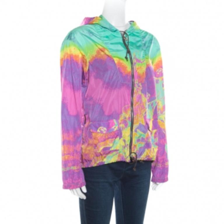 Prada Sport Veste à capuche ceinturée avec fermeture éclair, imprimé multicolore M en vente 1