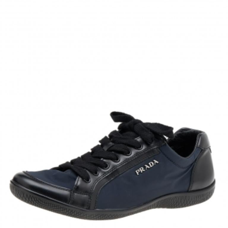 Women's Prada Sport Navy Blue/Black Nylon And Leather Low Top Sneakers Size 37 For Sale