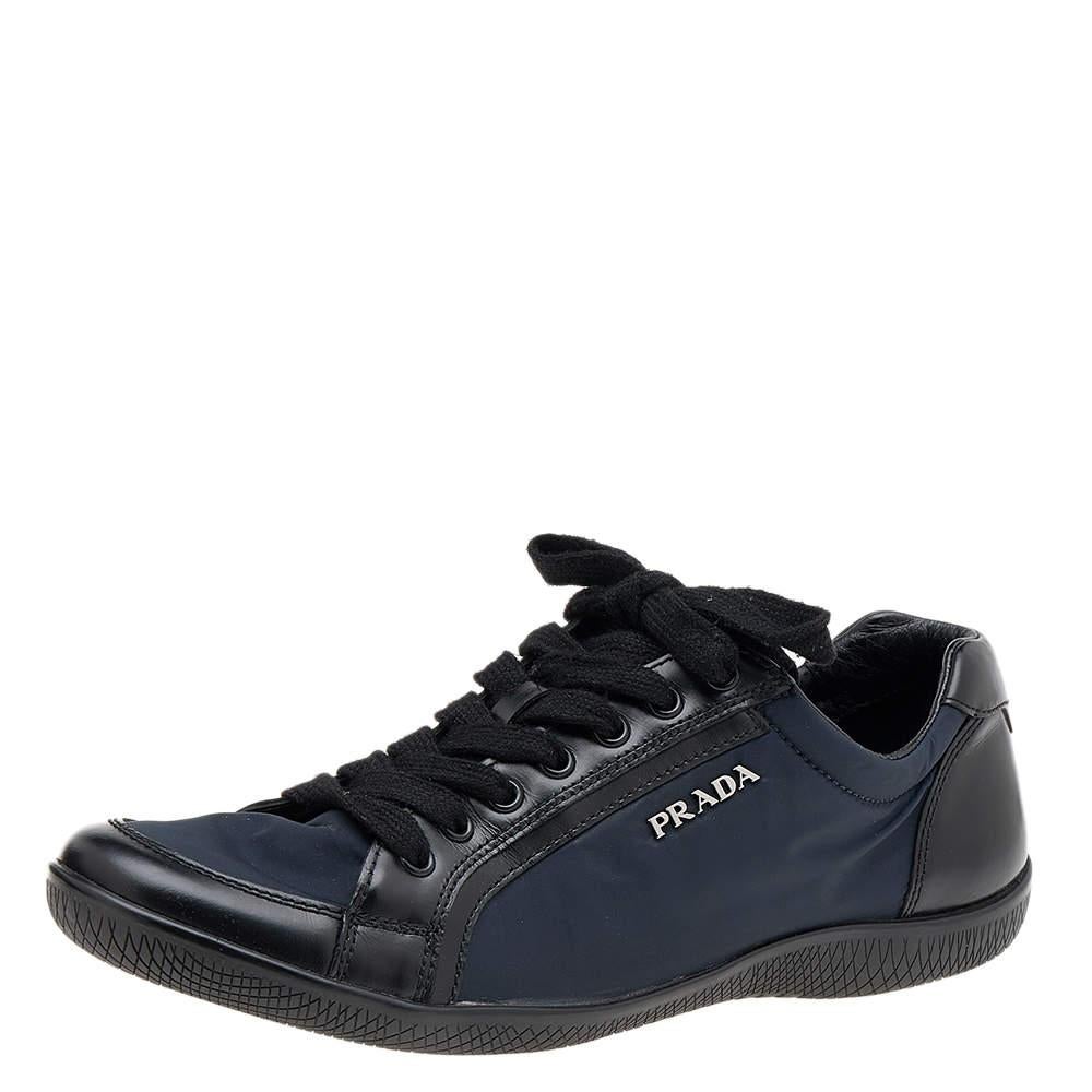 Prada Sport Navy Blue/Black Nylon And Leather Low Top Sneakers Size 37 For Sale 3