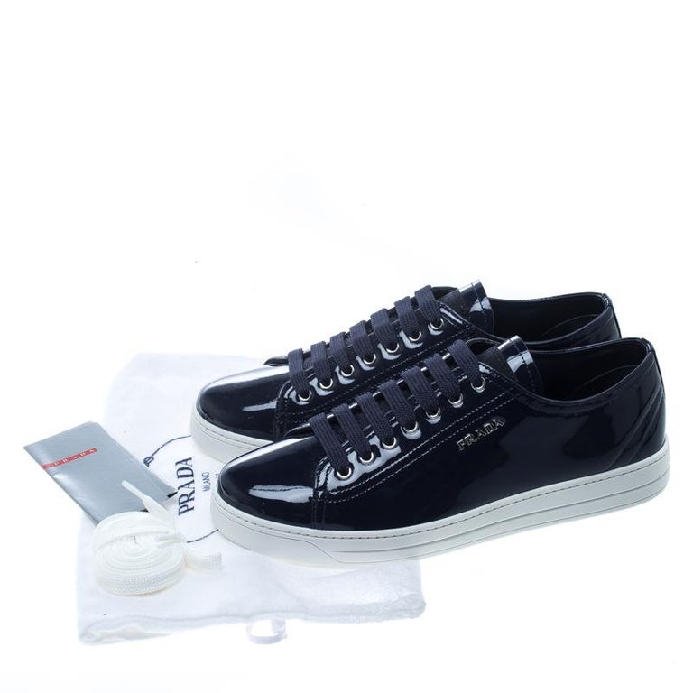 Prada Sport Navy Blue Patent Leather Lace Up Sneakers Size 39 at 1stDibs