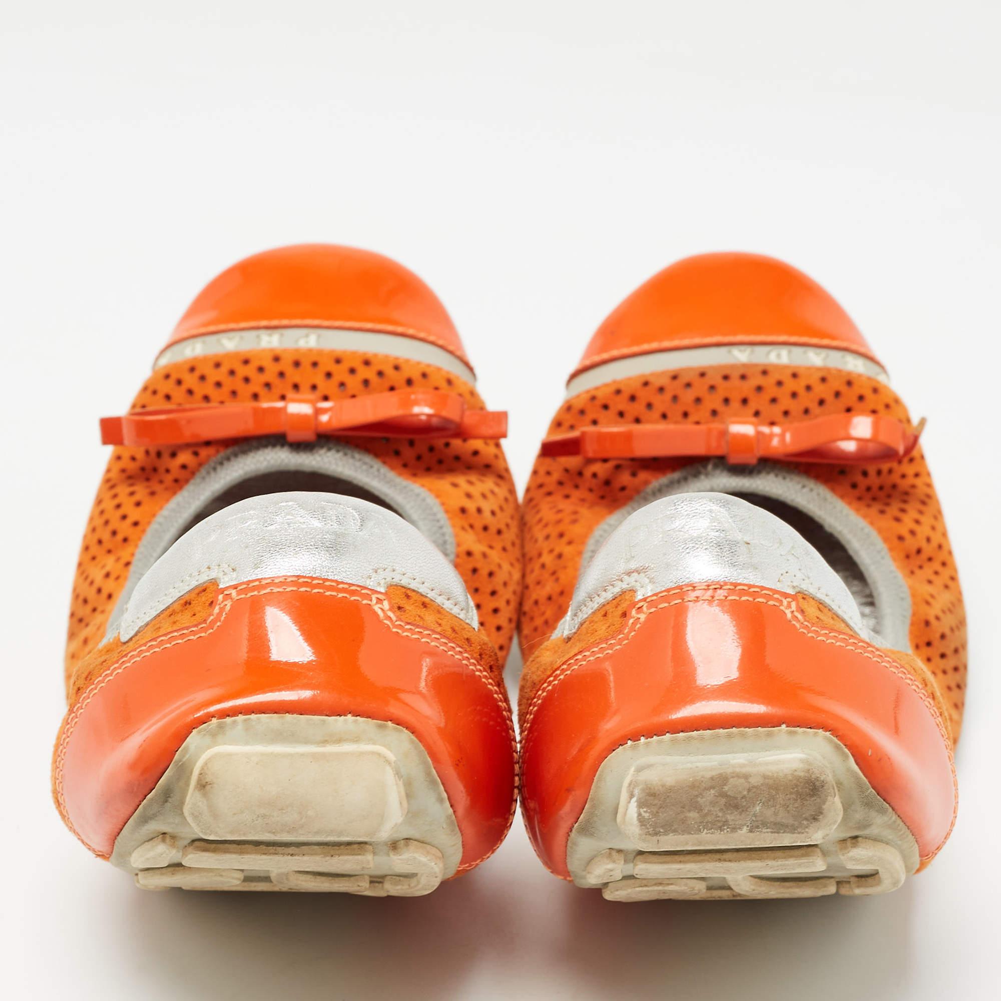 Prada Sport Orange Perforated Suede and Patent Bow Scrunch Ballet Flats Size 37 1