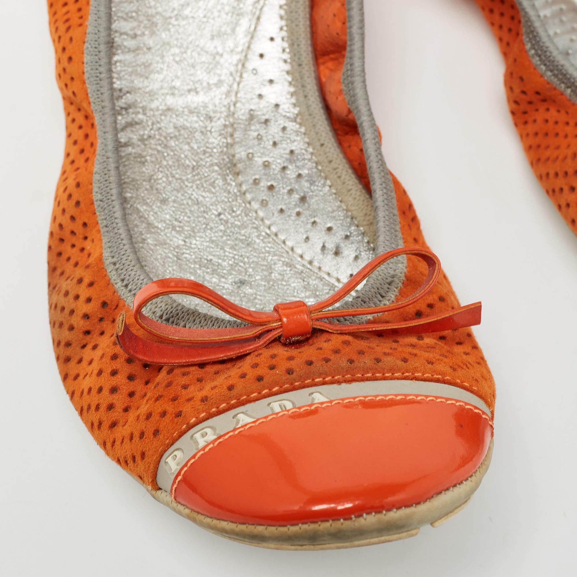 Prada Sport Orange Perforated Suede and Patent Bow Scrunch Ballet Flats Size 37 3