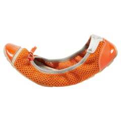 Prada Sport Orange Perforated Suede and Patent Bow Scrunch Ballet Flats Size 37
