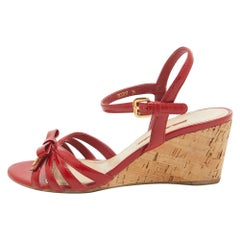 Prada Sport Red Patent Leather Bow Cork Wedge Ankle Strap Sandals Size 36