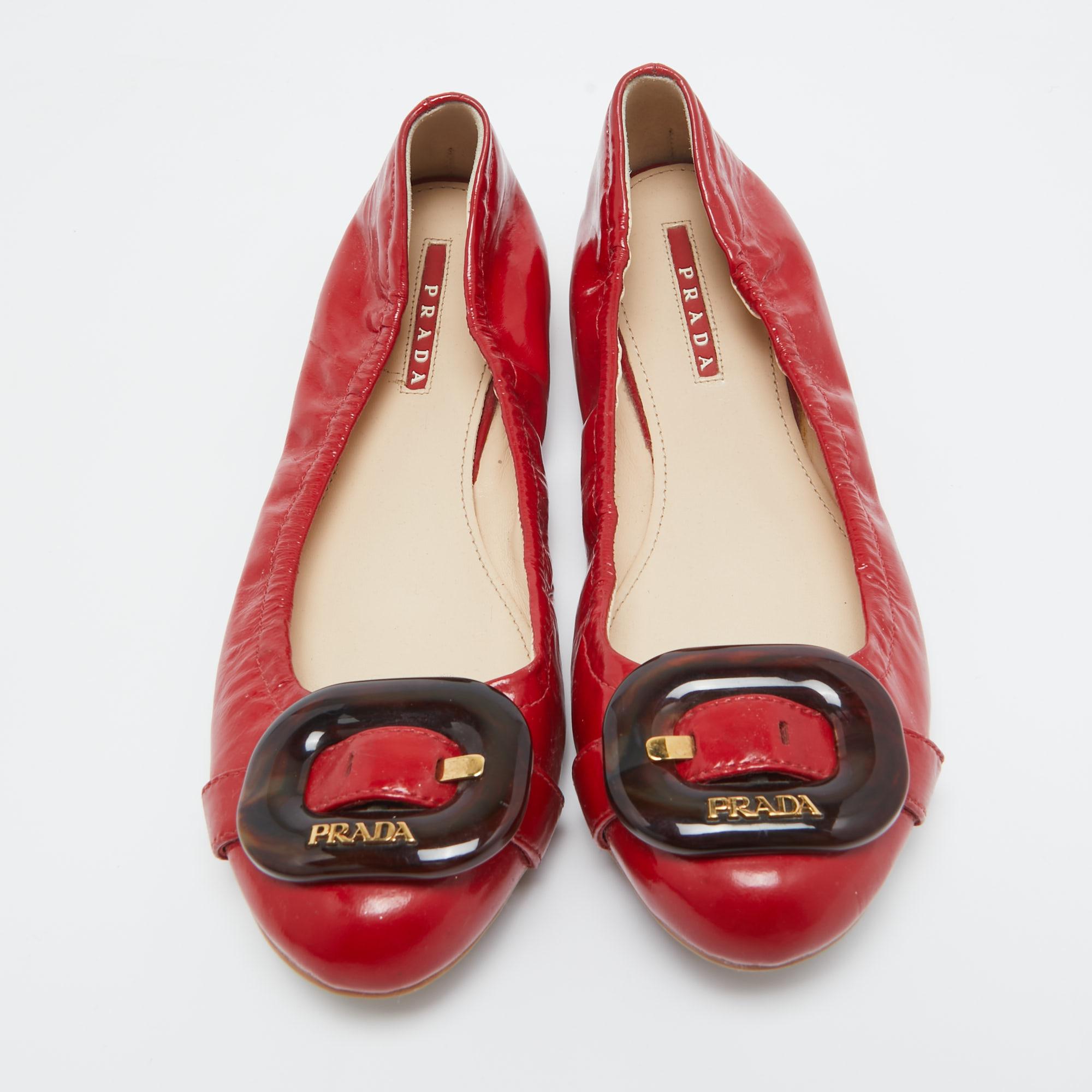 Brown Prada Sport Red Patent Leather Buckle Ballet Flats Size 39