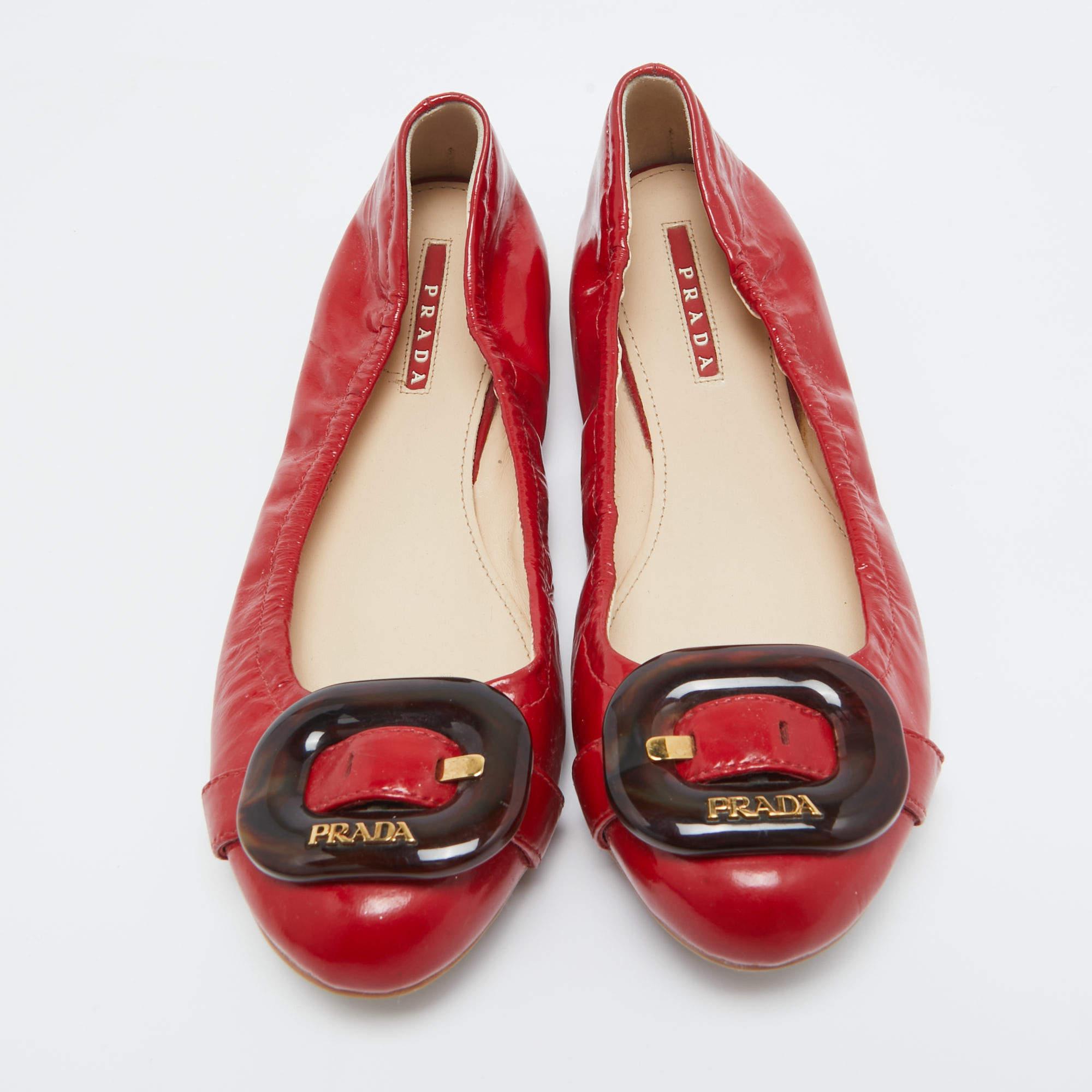Brown Prada Sport Red Patent Leather Buckle Ballet Flats Size 39